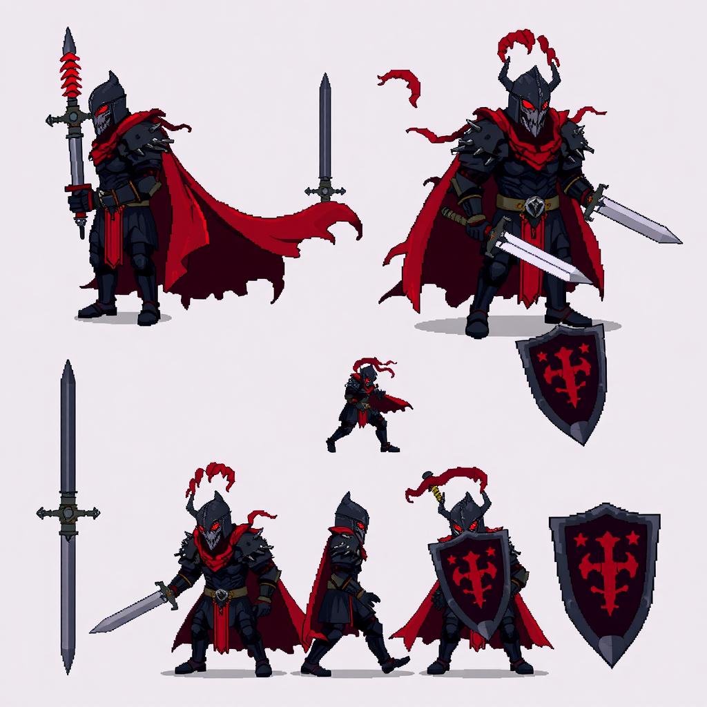 A pixel art sprite sheet featuring an imposing evil knight, designed with a 10-frame animation sequence