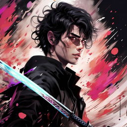 Create an enchanting 32k line art illustration in black and white of a handsome, young man embodying a sci-fi samurai anime style. He is the protagonist, seen wielding his sword in a dramatic, cinematic setting, accentuated with mesmerizing splashes of color.