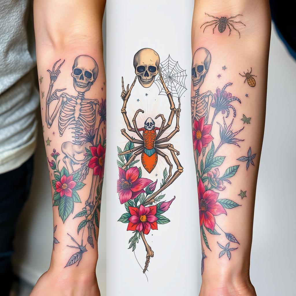 A detailed tattoo design on an forearm, showcasing a patchwork style that incorporates various elements including skeletons, a spider, plants, and spider webs
