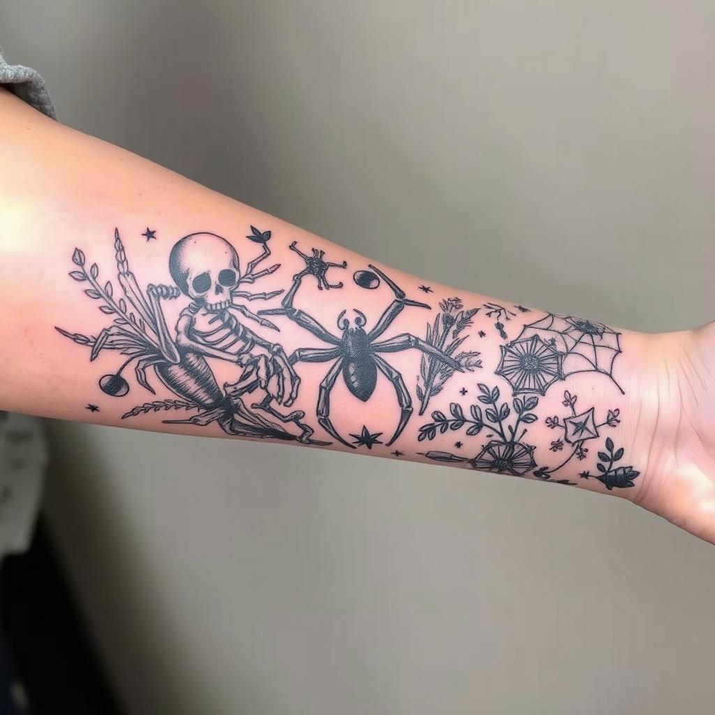 A tattoo design for the forearm in patchwork style, featuring a collection of intricate elements including skeletons, a spider, various plants, and black spider webs