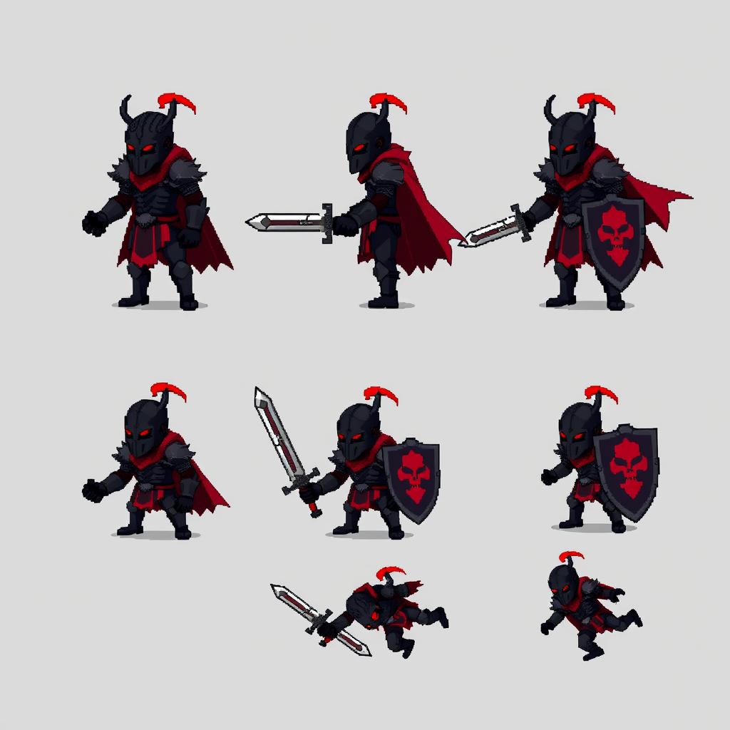 A pixel art sprite sheet featuring an evil knight, matching the exact 10-frame animation sequence as the reference image