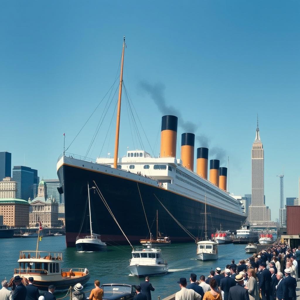 The RMS Titanic, elegantly docked in New York on April 17, 1912, after a successful maiden voyage, showcasing its majestic structure and intricate details