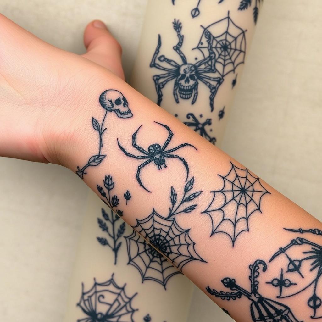 A detailed view of a forearm covered in medium-sized tattoos in a patchwork style