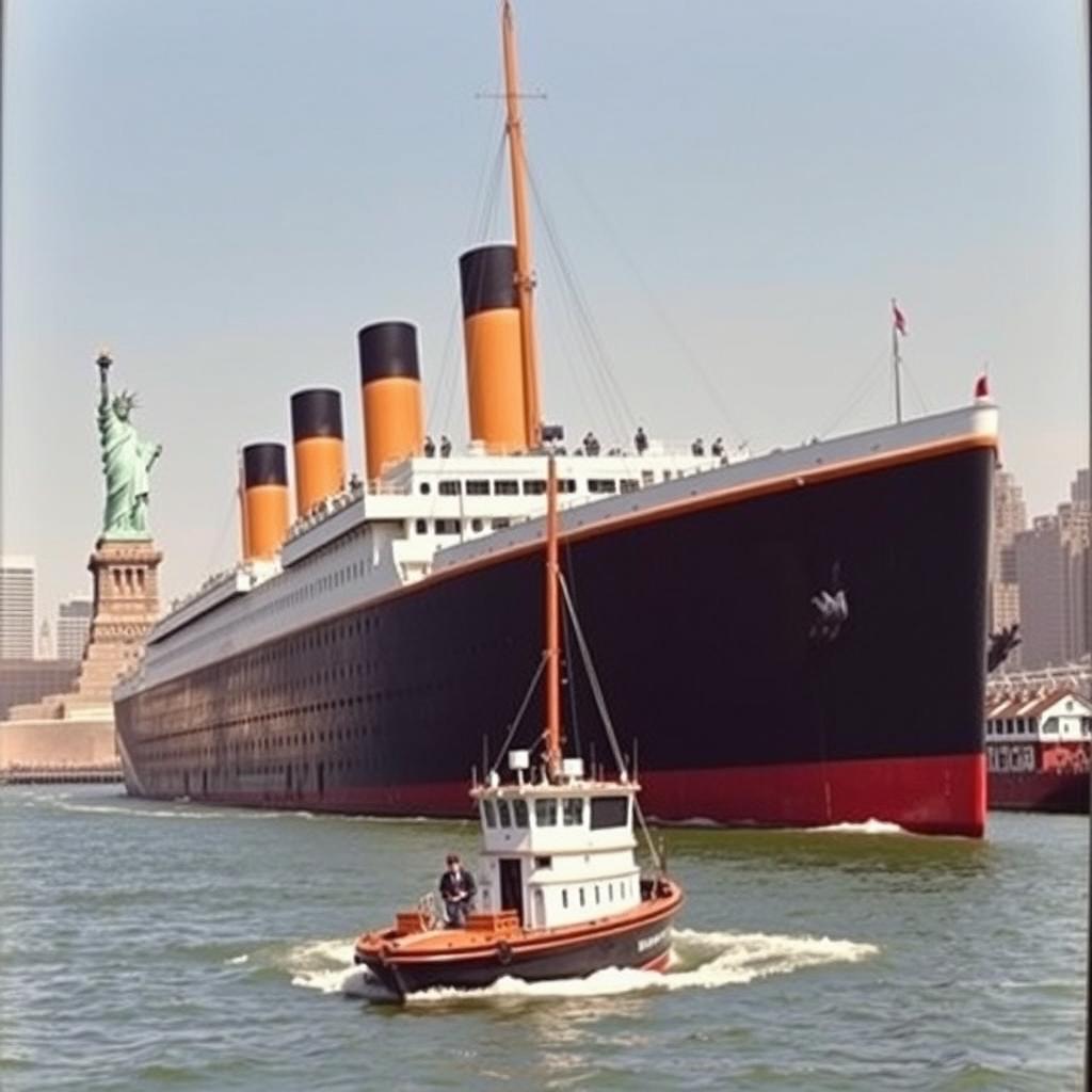 The RMS Titanic, magnificently docked in New York on April 17, 1912, after a successful maiden voyage, alongside the Statue of Liberty in the harbor