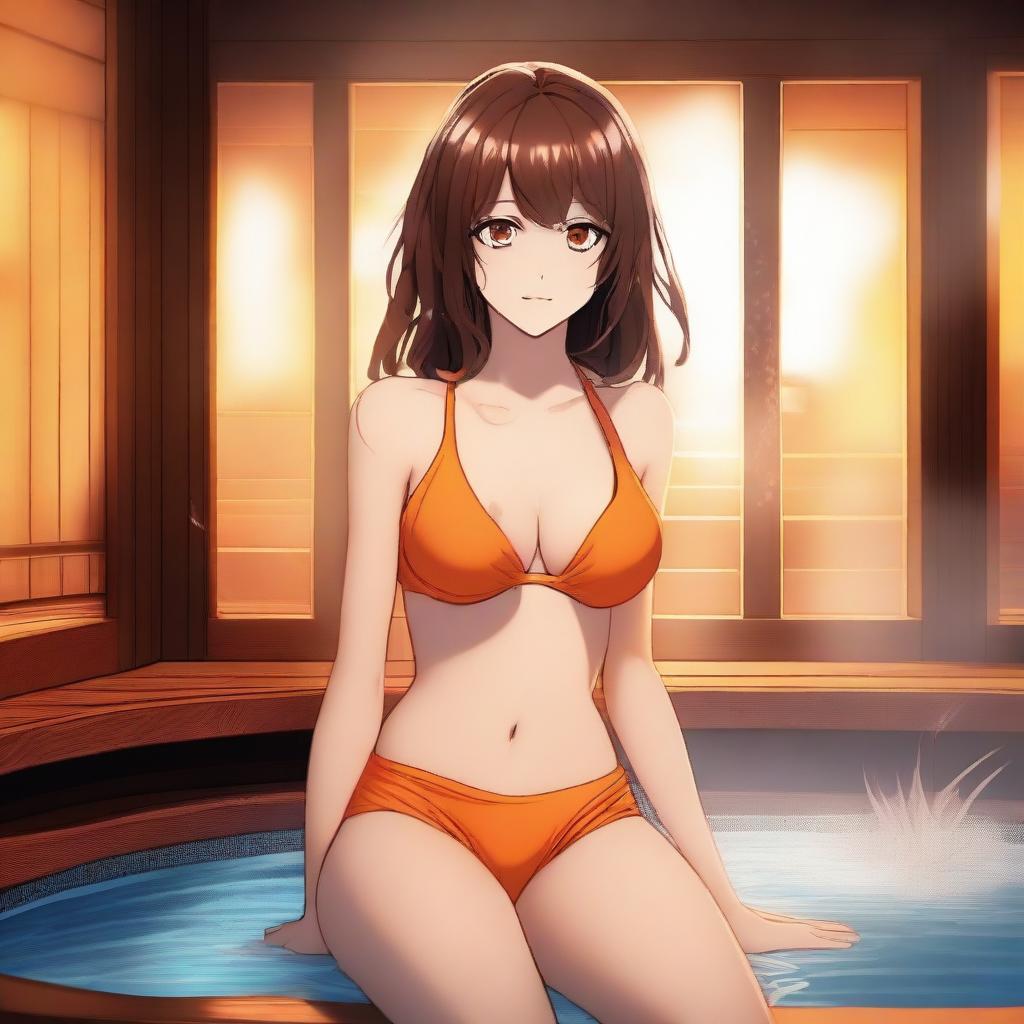 An exquisite digital art image depicts a captivating anime-style girl with brown hair, donned in an orange bikini, amidst a steamy sauna