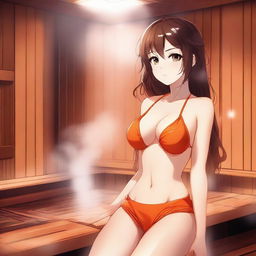 An exquisite digital art image depicts a captivating anime-style girl with brown hair, donned in an orange bikini, amidst a steamy sauna