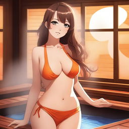 An exquisite digital art image depicts a captivating anime-style girl with brown hair, donned in an orange bikini, amidst a steamy sauna