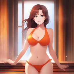 An exquisite digital art image depicts a captivating anime-style girl with brown hair, donned in an orange bikini, amidst a steamy sauna