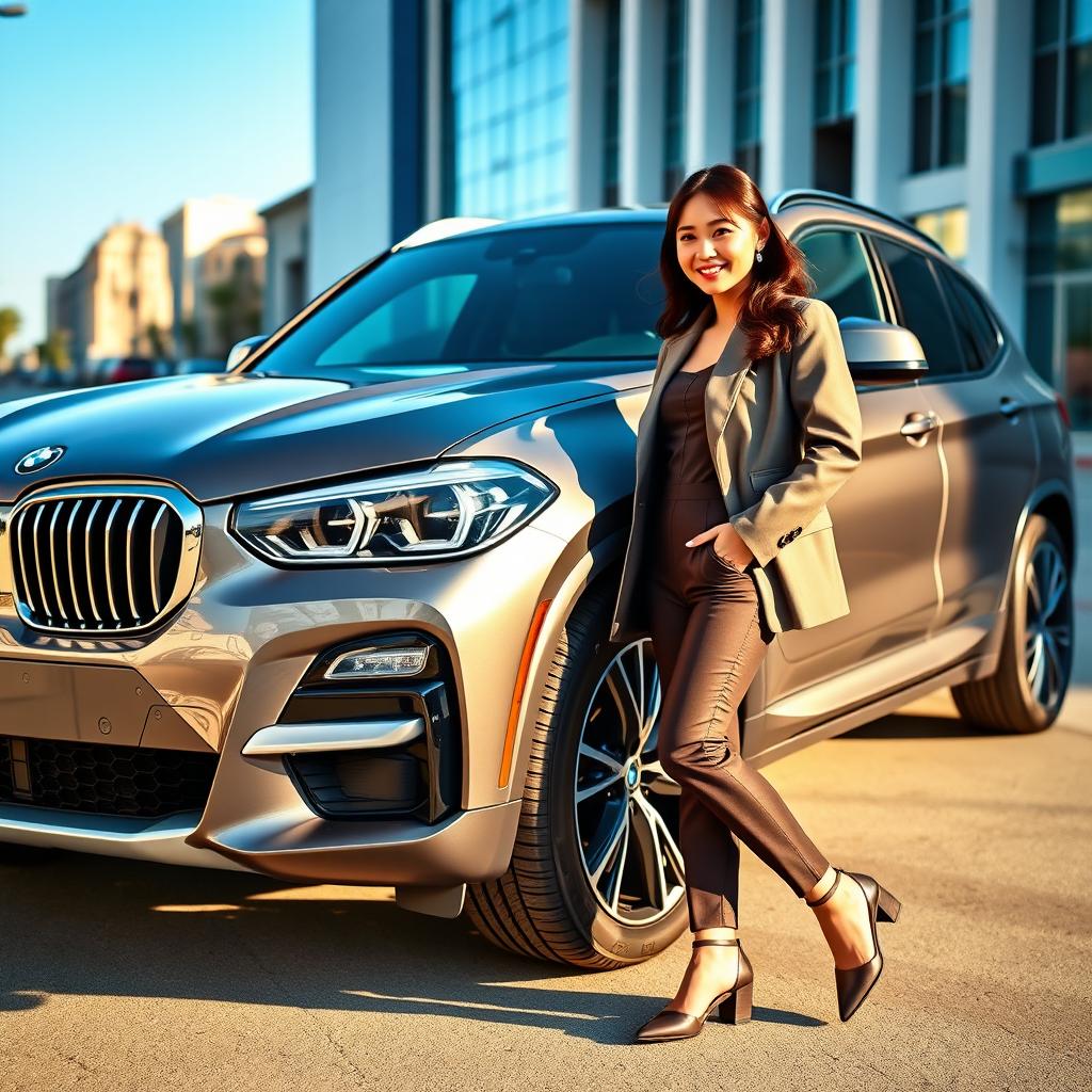 A beautiful Japanese female brand ambassador elegantly posing beside a sleek 2025 BMW X4 in a bright and stylish urban setting