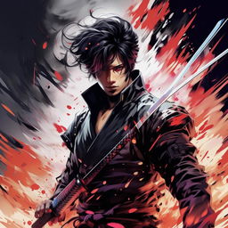 Create an enchanting 32k line art illustration in black and white of a handsome, young man embodying a sci-fi samurai anime style. He is the protagonist, seen wielding his sword in a dramatic, cinematic setting, accentuated with mesmerizing splashes of color.