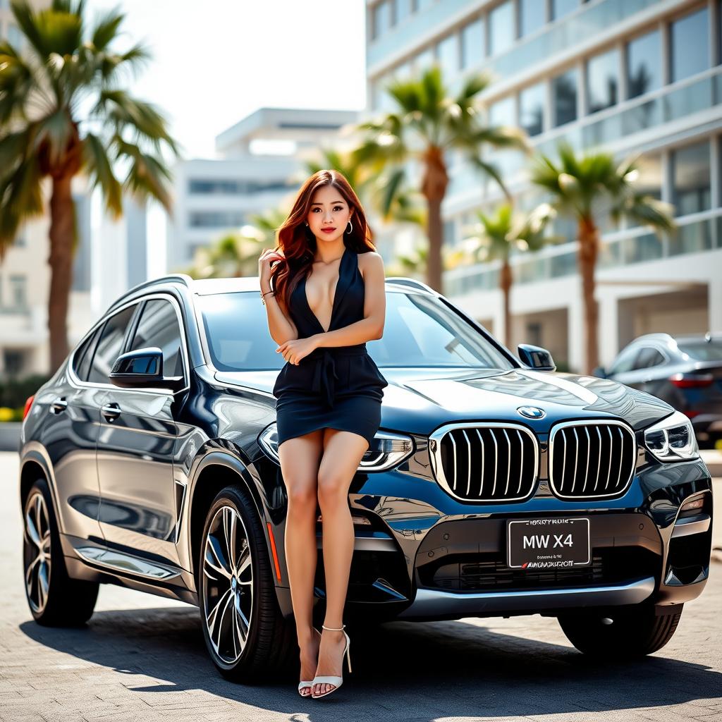 A beautiful Japanese female brand ambassador gracefully posing next to a stunning 2025 BMW X4 in an upscale urban environment