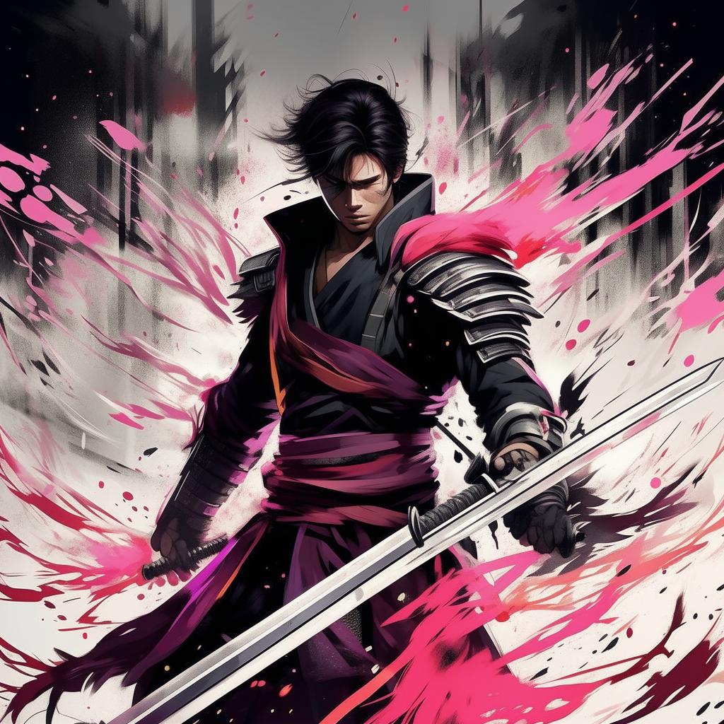 Create an enchanting 32k line art illustration in black and white of a handsome, young man embodying a sci-fi samurai anime style. He is the protagonist, seen wielding his sword in a dramatic, cinematic setting, accentuated with mesmerizing splashes of color.