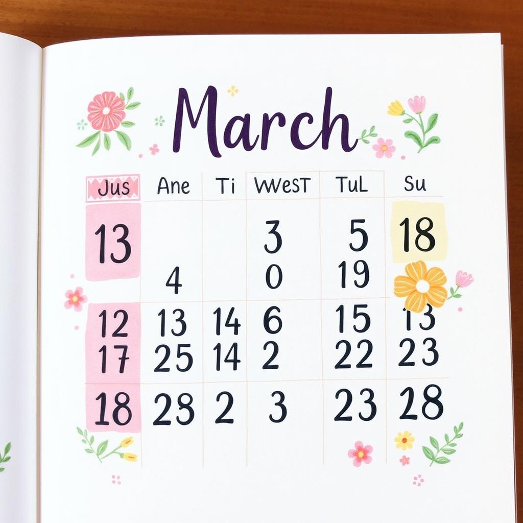 An illustrated calendar page showing the dates from March 13 to March 18, 2025