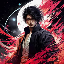 Create an enchanting 32k line art illustration in black and white of a handsome, young man embodying a sci-fi samurai anime style. He is the protagonist, seen wielding his sword in a dramatic, cinematic setting, accentuated with mesmerizing splashes of color.