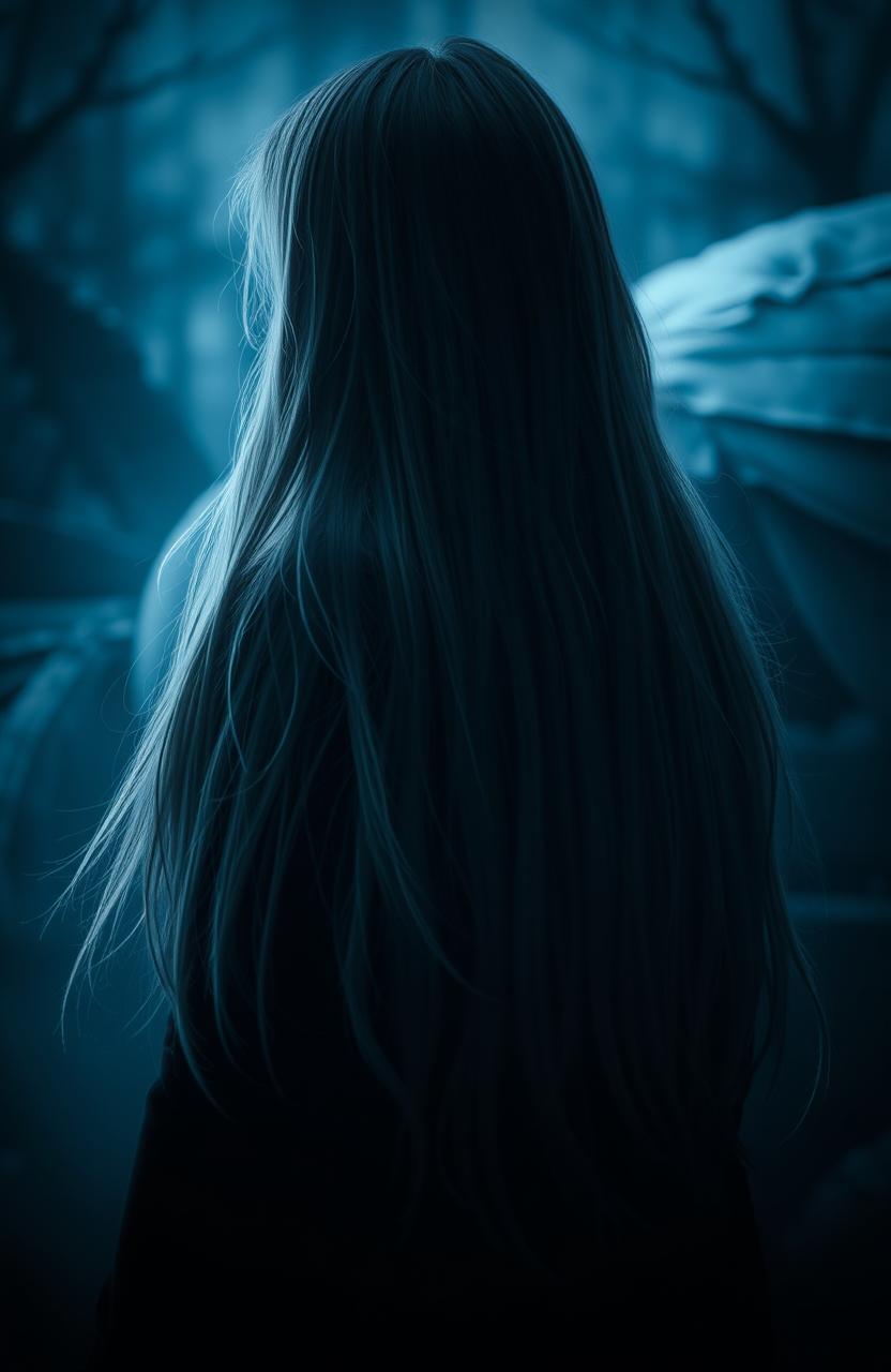 A mystical scene featuring a girl with long, light-colored hair, looking back toward a subtly noticeable large order in the background