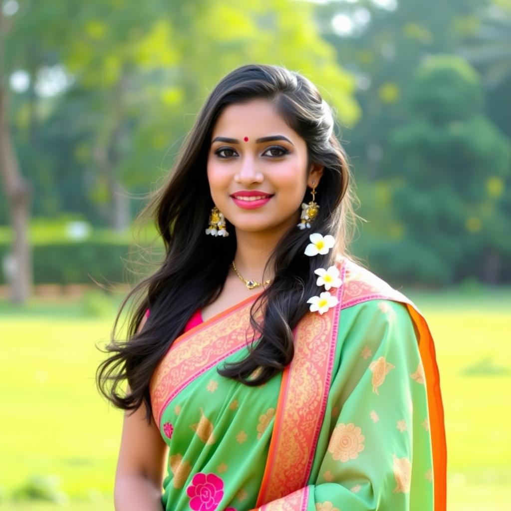 A beautiful Indian woman dressed in traditional attire, wearing a vibrant saree with intricate patterns and a matching dupatta