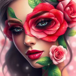 A beautiful lady with a rose-themed face, featuring vibrant colors and intricate patterns resembling rose petals