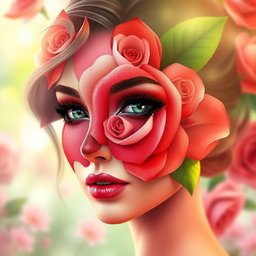 A beautiful lady with a rose-themed face, featuring vibrant colors and intricate patterns resembling rose petals