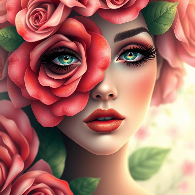 A beautiful lady with a rose-themed face, featuring vibrant colors and intricate patterns resembling rose petals