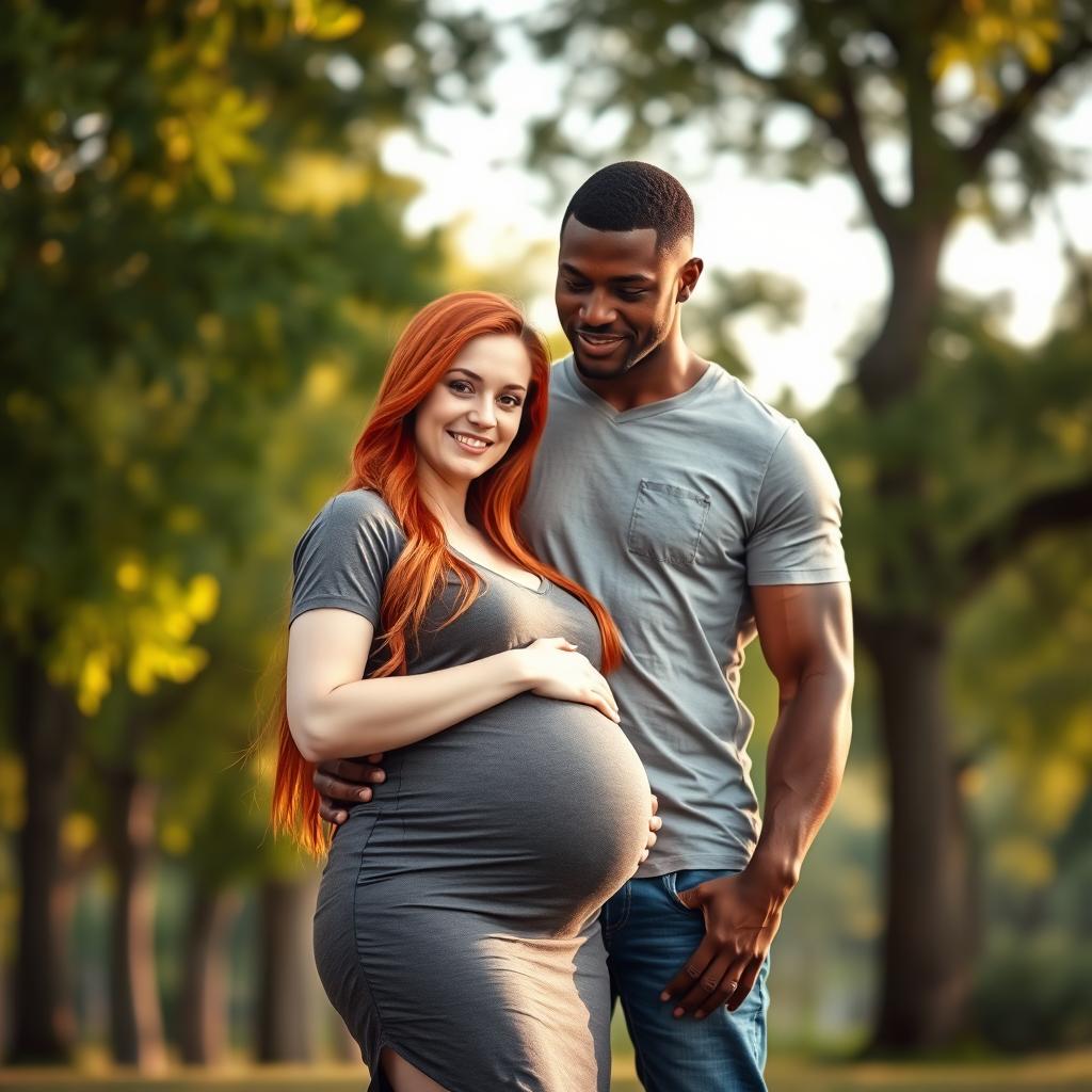 A pregnant pale redhead woman standing lovingly next to a dark, muscular man, capturing a moment of intimacy and connection between them
