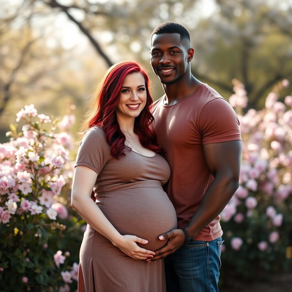 A pregnant pale woman with dark red hair standing affectionately beside a dark, muscular man