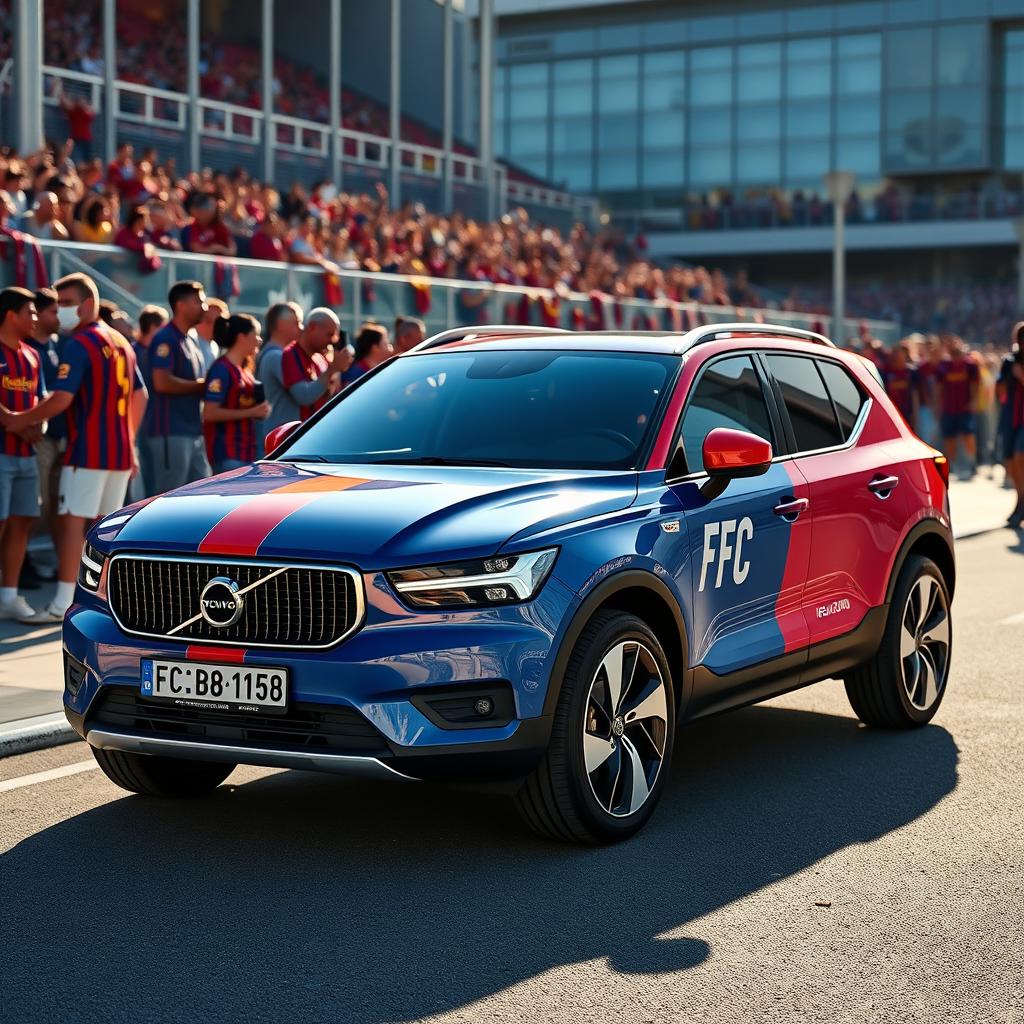 A Volvo XC40 styled car featuring the vibrant colors and design elements of the FC Barcelona football team