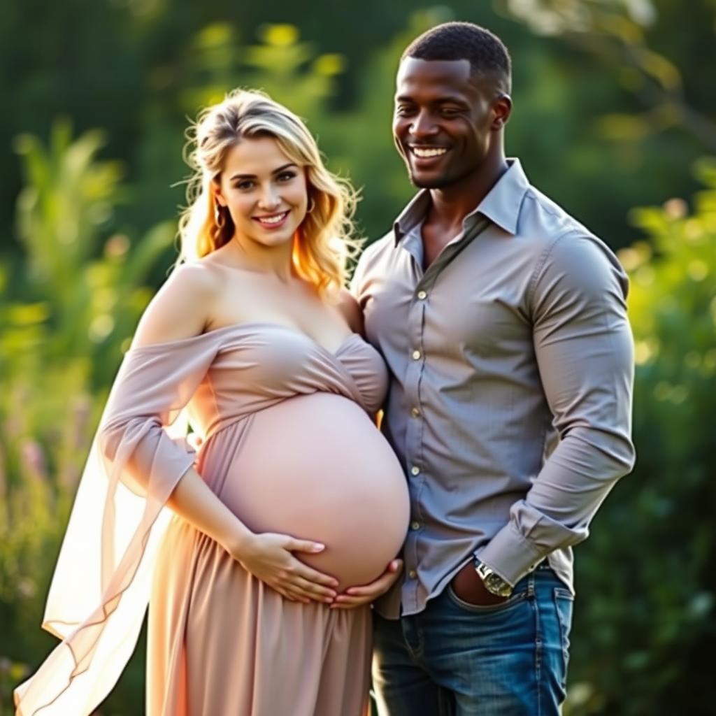 A pregnant pale woman standing with a dark, muscular man, showcasing a loving connection between them