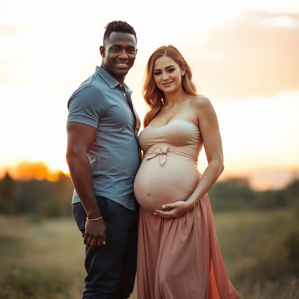 A skinny pregnant pale woman standing alongside a dark, muscular man, radiating affection and warmth