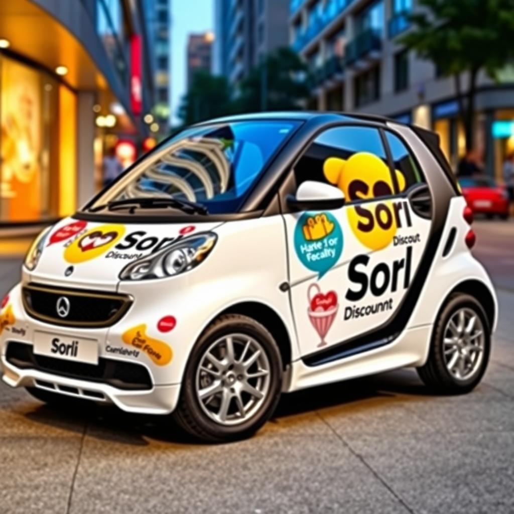 A stylish and modern Smart forFour car in a sleek white color, emblazoned with vibrant and eye-catching advertising for Sorli Discount