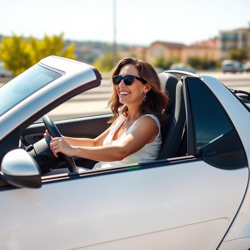 A sleek white Smart Forfour cabriolet, positioned in a sunny setting, with a joyful 45-year-old woman at the wheel
