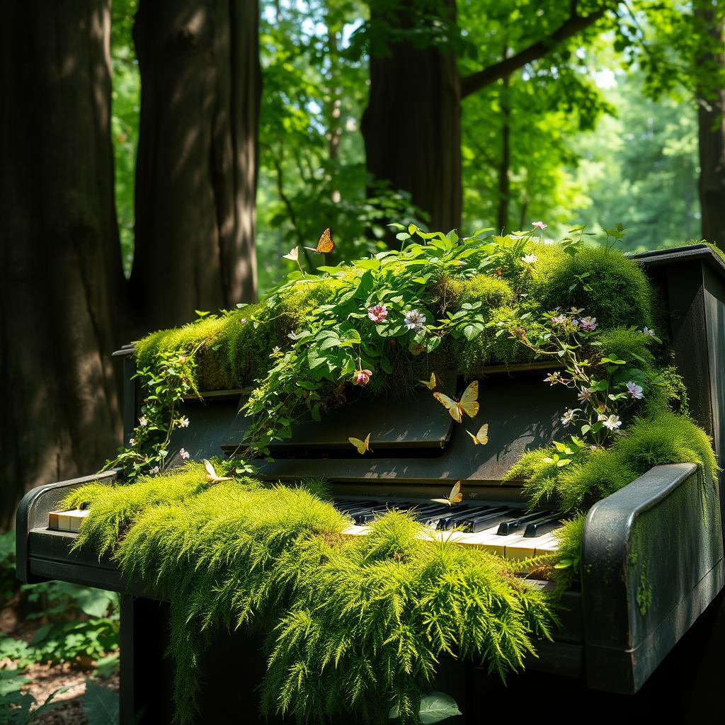 An old, weathered piano, beautifully overtaken by a lush forest