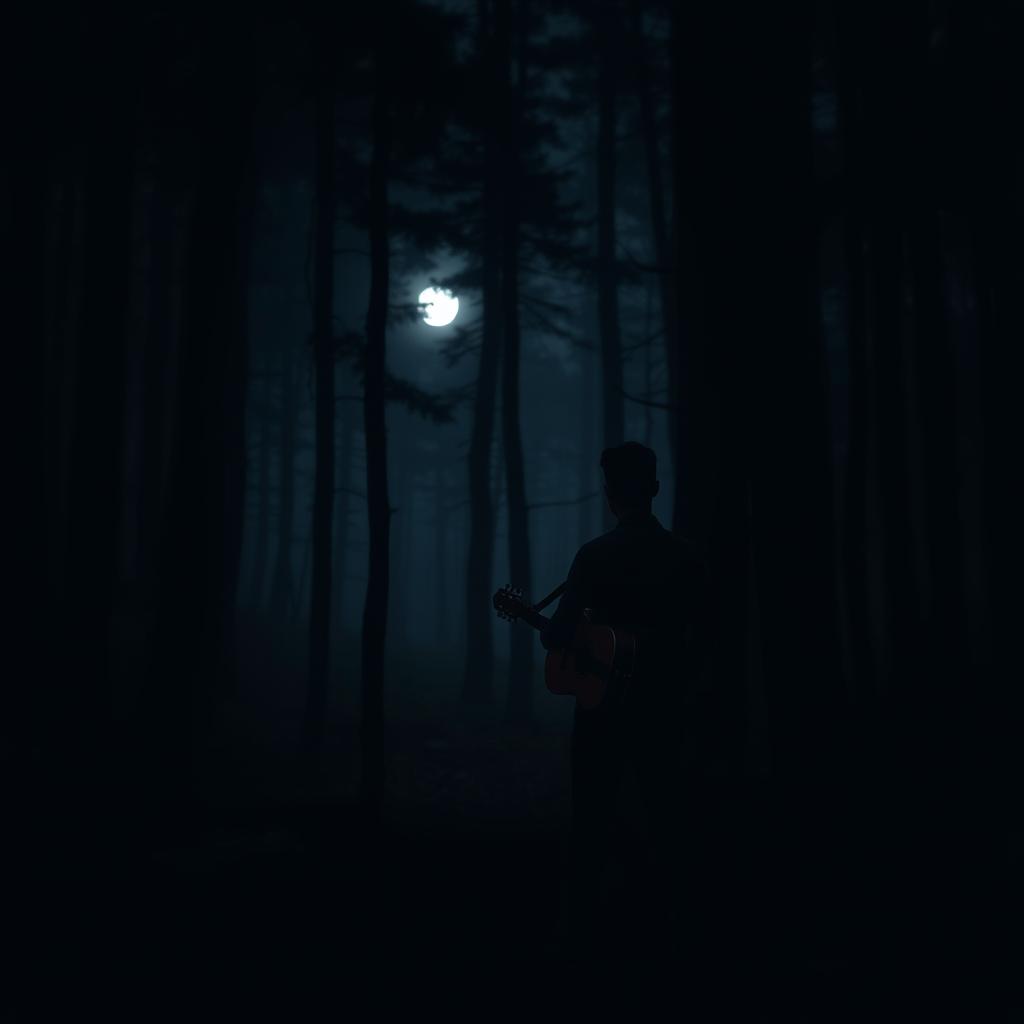 A distant view of a man playing guitar in a dark, mysterious forest, with his back to the camera