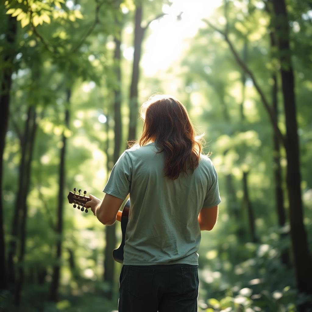 A serene scene of a man playing guitar in a lush forest, viewed from behind