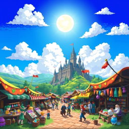 A vibrant pixel art scene depicting a bustling fantasy market filled with colorful stalls, where various whimsical characters, like elves, humans, and dwarves, are interacting