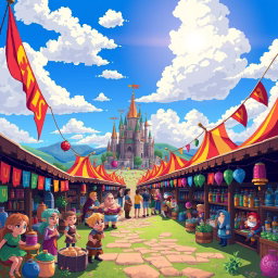 A vibrant pixel art scene depicting a bustling fantasy market filled with colorful stalls, where various whimsical characters, like elves, humans, and dwarves, are interacting