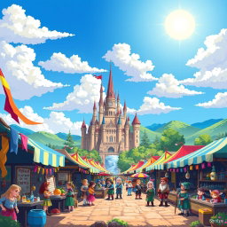 A vibrant pixel art scene depicting a bustling fantasy market filled with colorful stalls, where various whimsical characters, like elves, humans, and dwarves, are interacting