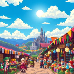 A vibrant pixel art scene depicting a bustling fantasy market filled with colorful stalls, where various whimsical characters, like elves, humans, and dwarves, are interacting