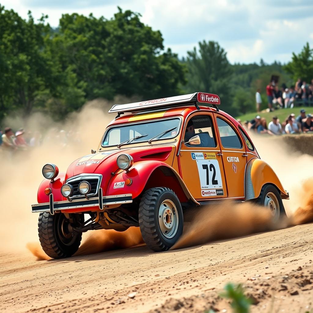 A vintage Citroën 2CV modified into a rally car, showcasing an esportive and dynamic design