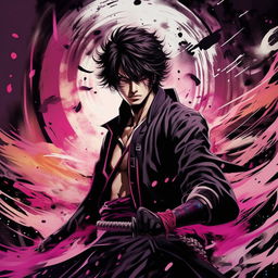 Craft a bewitching, JoJo's Bizarre Adventure inspired, 32k line art illustration. The centerpiece, a handsome, young man in black and white, styled as a sci-fi samurai. He is the protagonist, wielding his sword in a cinematic setting, highlighted by vibrant splashes of color.