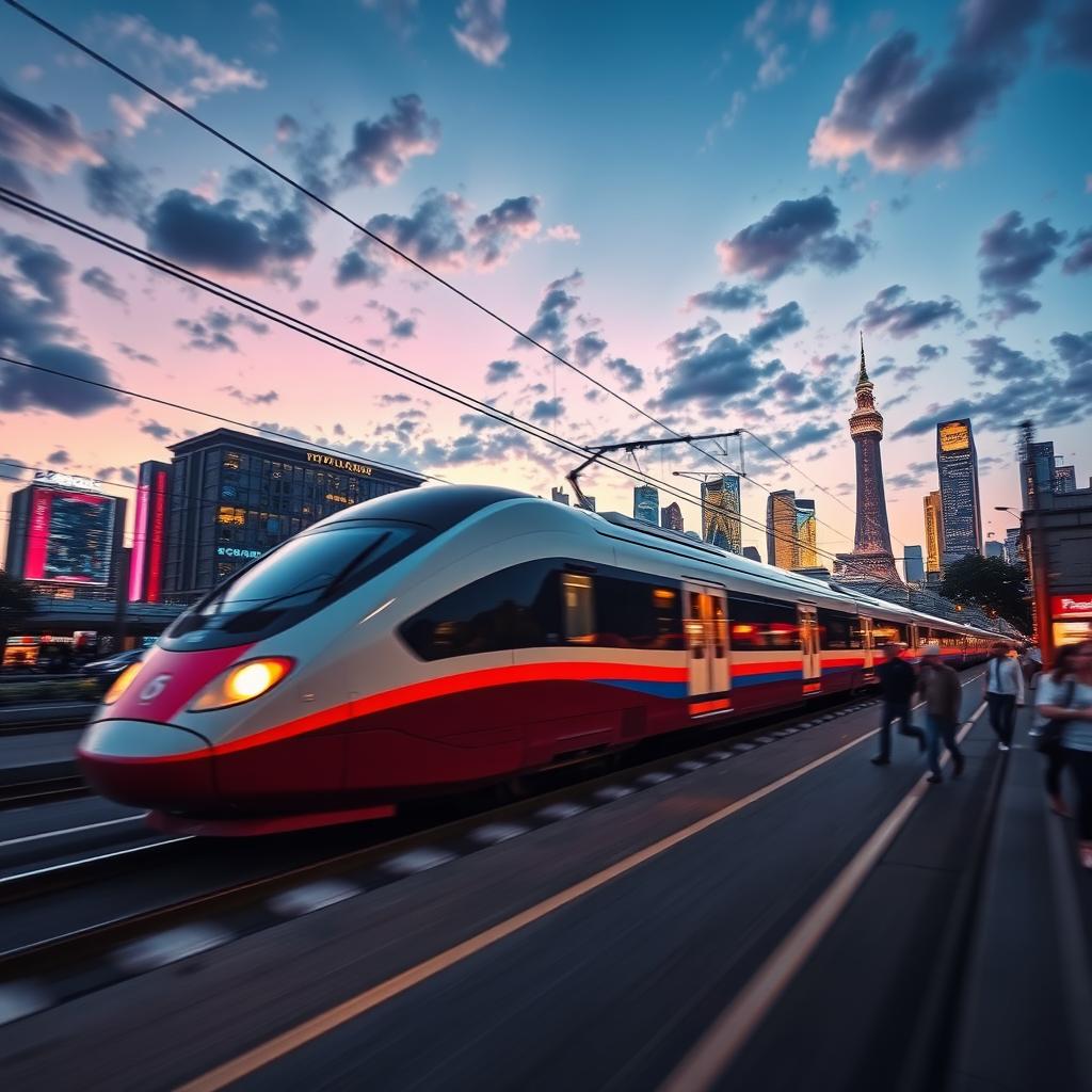 A high-speed express train zooming through a vibrant city at dusk, the skyline illuminated with neon lights
