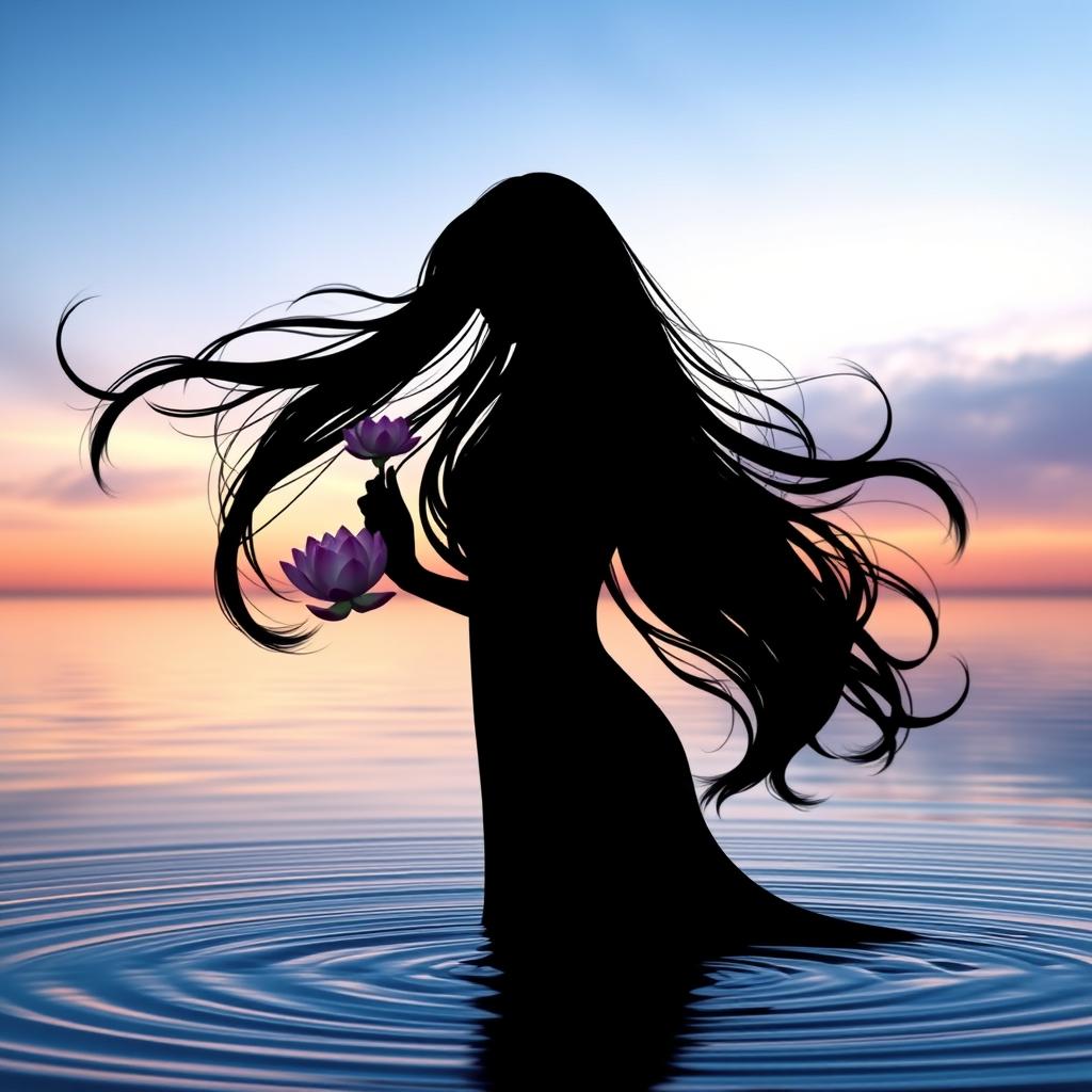 A stunning silhouette of a beautiful and elegant woman, with long black hair flowing in graceful waves, holding a delicate lotus flower