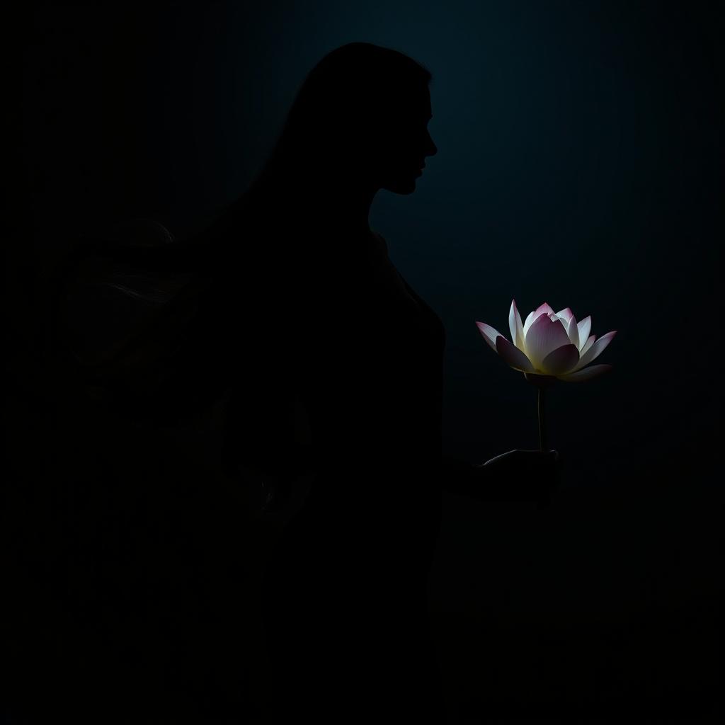 Silhouette of a beautiful and elegant woman with long, flowing black hair, gently waving as if in a breeze