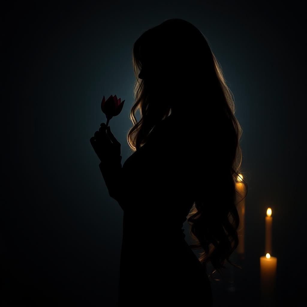 A silhouette of a beautiful and elegant woman with long, flowing black hair cascading in soft waves