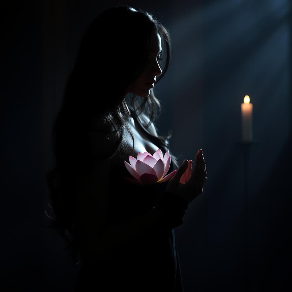 A silhouette of a beautiful and elegant woman with long, flowing black hair cascading in soft waves
