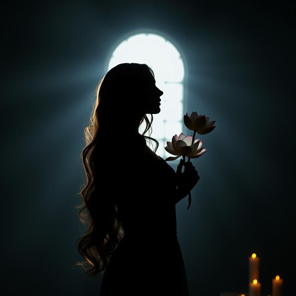 A silhouette of a beautiful and elegant woman with long, flowing black hair in soft waves