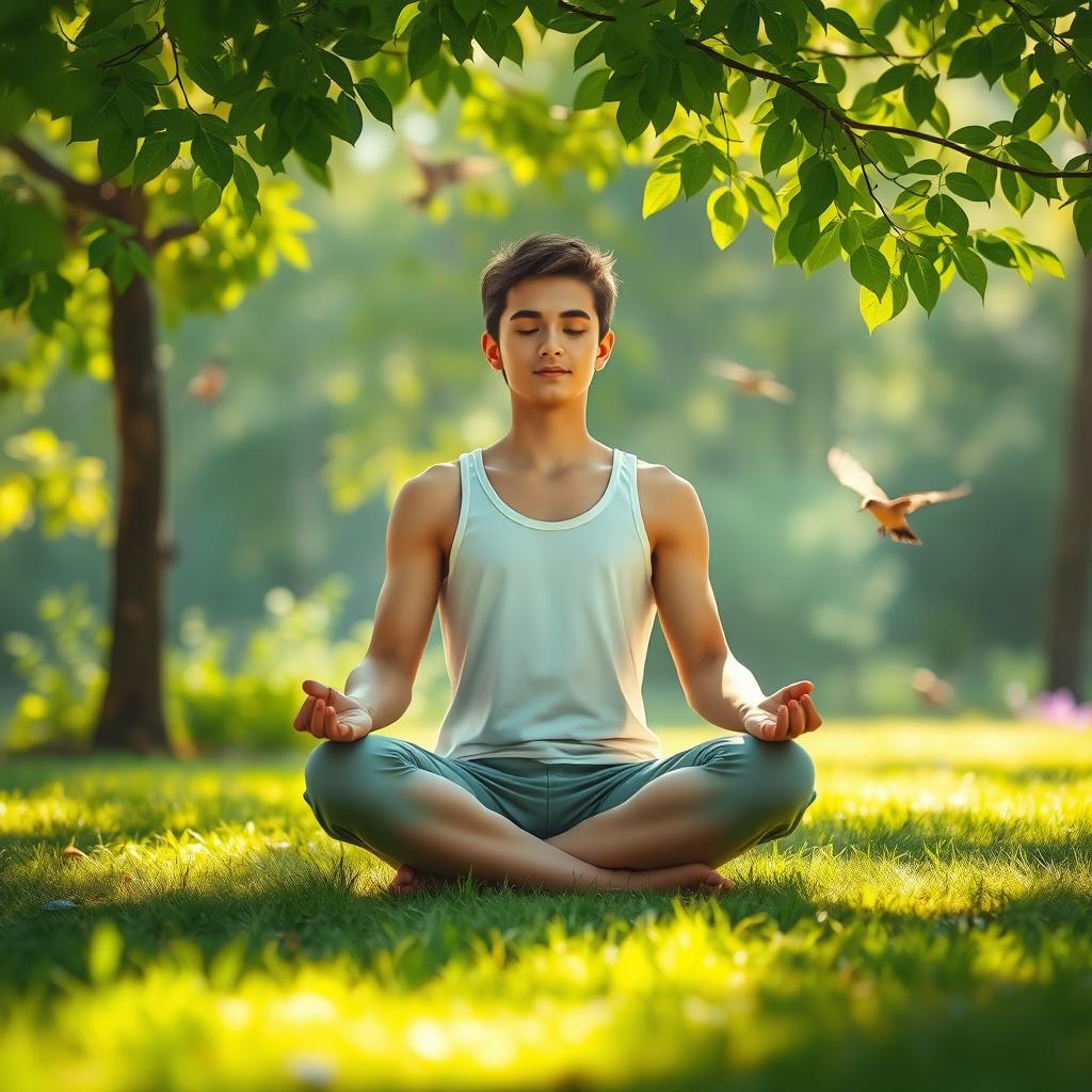 A serene and meditative scene featuring a person sitting cross-legged in a peaceful outdoor setting, surrounded by lush greenery and soft sunlight filtering through the leaves
