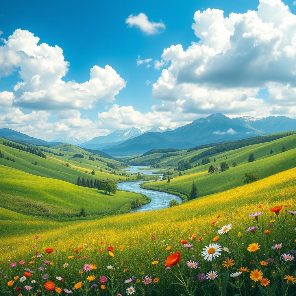A realistic depiction of a serene landscape that embodies the beauty of nature, featuring rolling green hills under a bright blue sky with scattered fluffy clouds