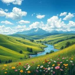 A realistic depiction of a serene landscape that embodies the beauty of nature, featuring rolling green hills under a bright blue sky with scattered fluffy clouds