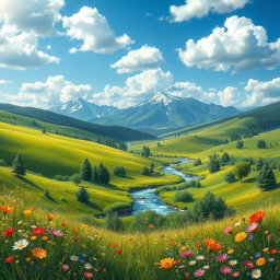 A realistic depiction of a serene landscape that embodies the beauty of nature, featuring rolling green hills under a bright blue sky with scattered fluffy clouds