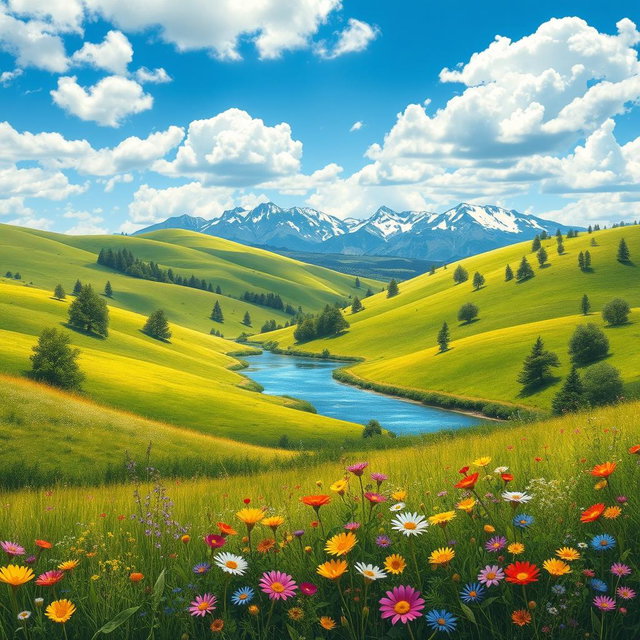 A realistic depiction of a serene landscape that embodies the beauty of nature, featuring rolling green hills under a bright blue sky with scattered fluffy clouds